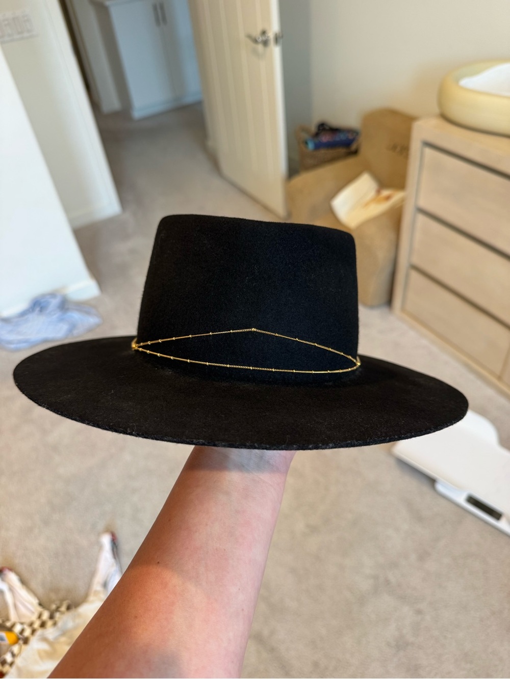 Black Wide-Brim Felt Hat with Gold Bead Accent